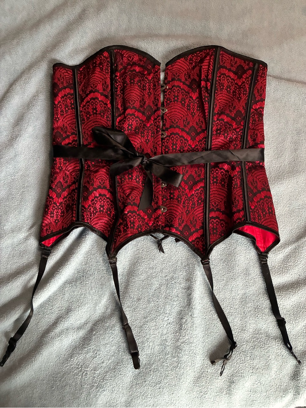 Adore Me Red and Black Lace Corset with Garter Straps